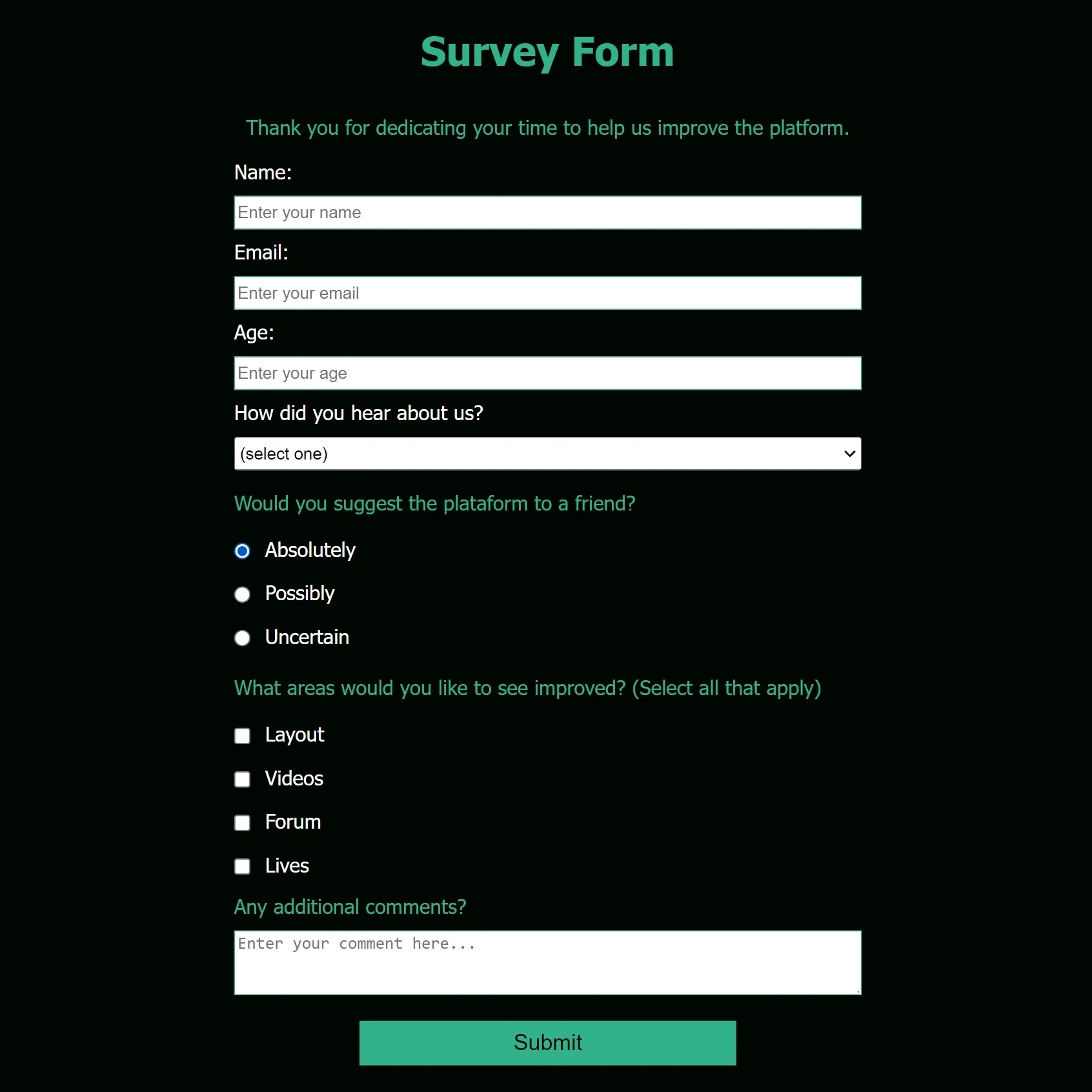 Survey Form Project Screenshot.